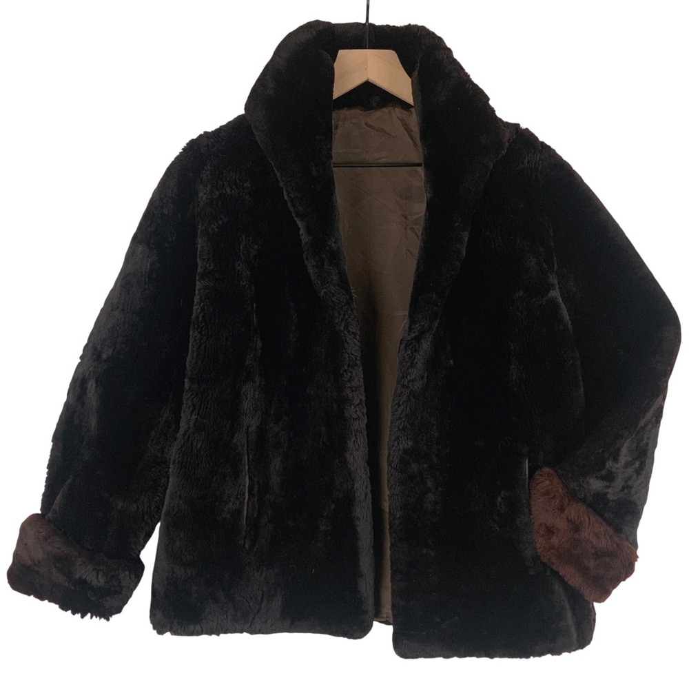 VTG KERRYBROOK Sears Mouton Lamb Shawl Collar Fur Coat Sz S Brown Mid Century